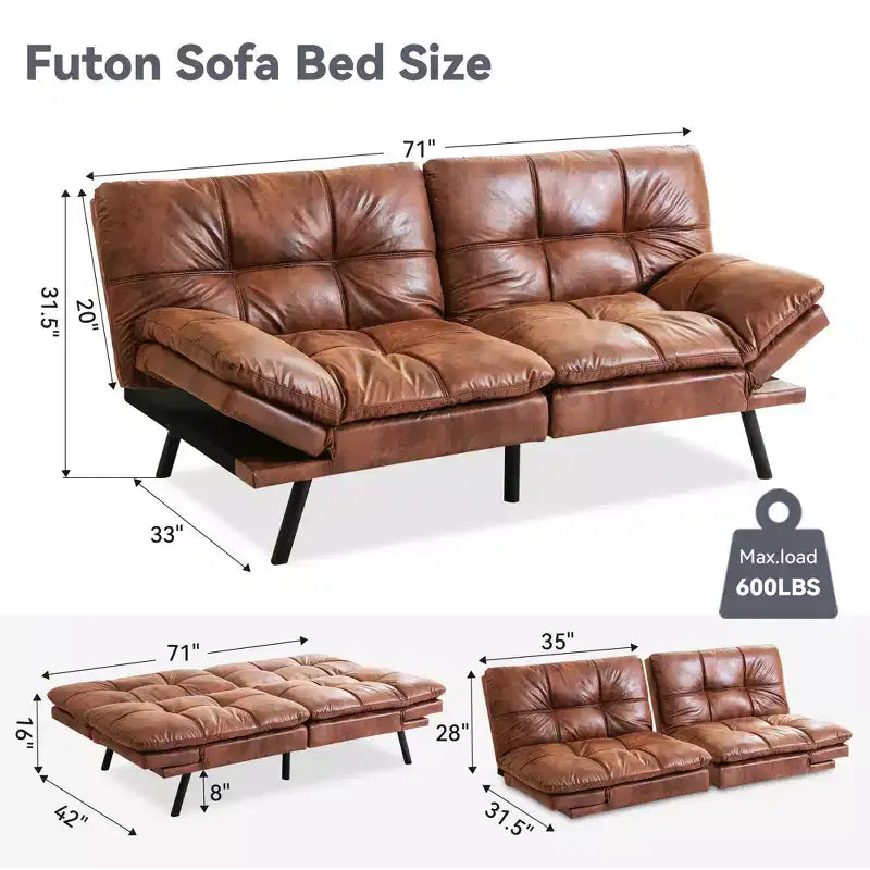 Dyonery 71 Convertible Futon Sofa Bed,Modern Memory Foam Futon Couch with Detachable Cushion,Adjustable Backrest & Armrest