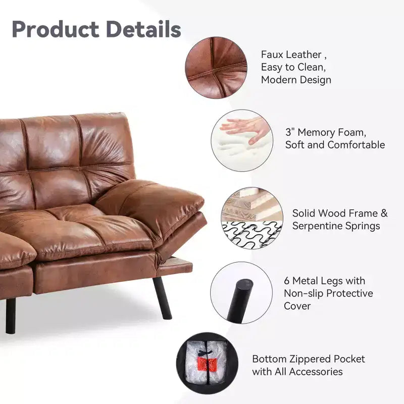 Dyonery 71 Convertible Futon Sofa Bed,Modern Memory Foam Futon Couch with Detachable Cushion,Adjustable Backrest & Armrest