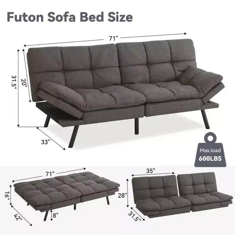 Dyonery 71 Convertible Futon Sofa Bed,Modern Memory Foam Futon Couch with Detachable Cushion,Adjustable Backrest & Armrest