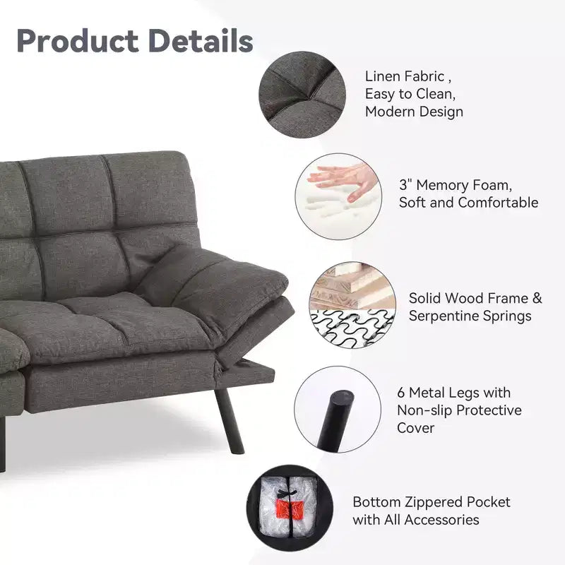 Dyonery 71 Convertible Futon Sofa Bed,Modern Memory Foam Futon Couch with Detachable Cushion,Adjustable Backrest & Armrest