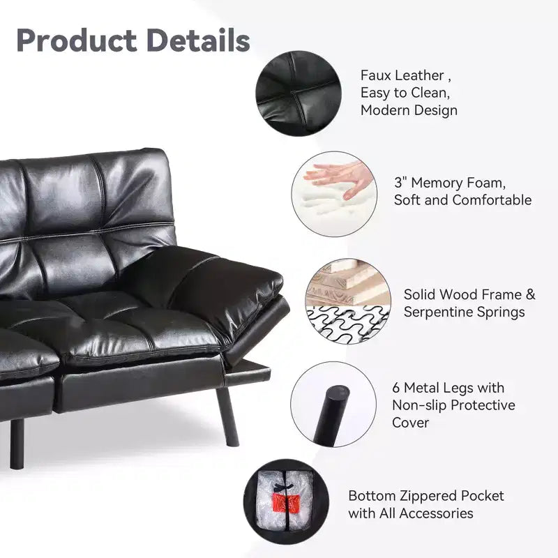 Dyonery 71 Convertible Futon Sofa Bed,Modern Memory Foam Futon Couch with Detachable Cushion,Adjustable Backrest & Armrest