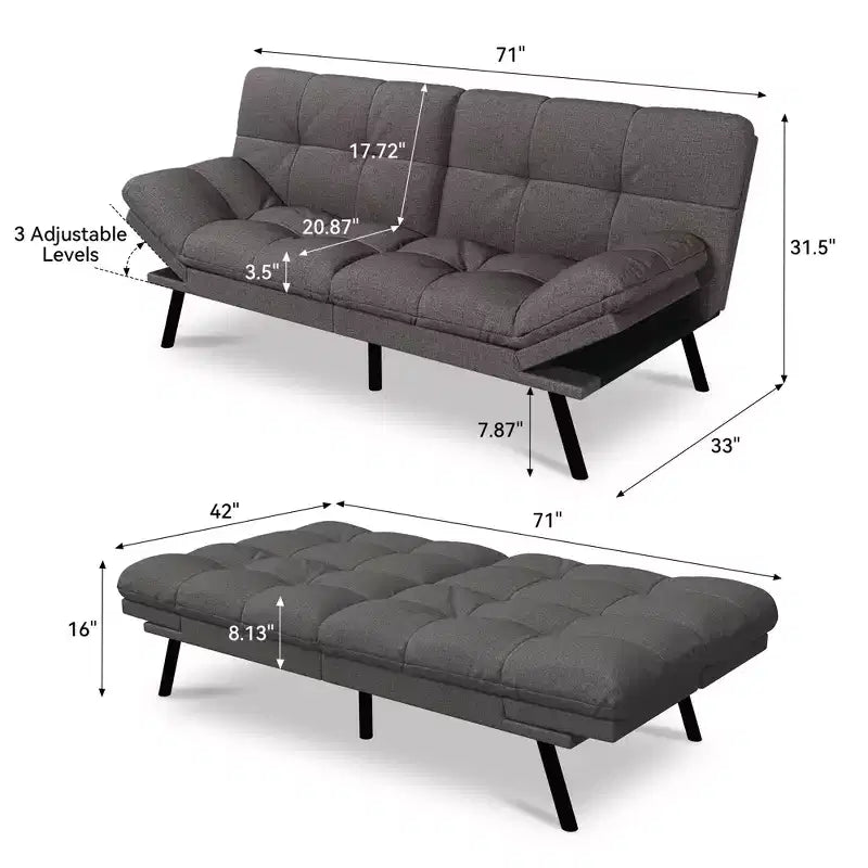 Dyonery 71 Convertible Futon Sofa Bed,Modern Memory Foam Futon Couch with Detachable Cushion,Adjustable Backrest & Armrest