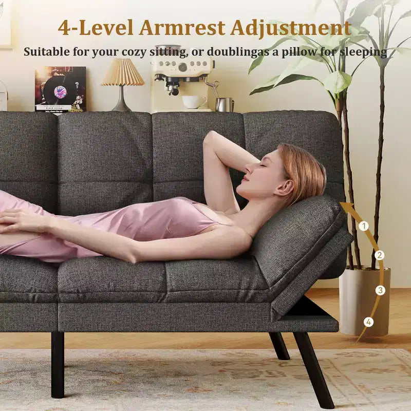 Dyonery 71 Convertible Futon Sofa Bed,Modern Memory Foam Futon Couch with Detachable Cushion,Adjustable Backrest & Armrest