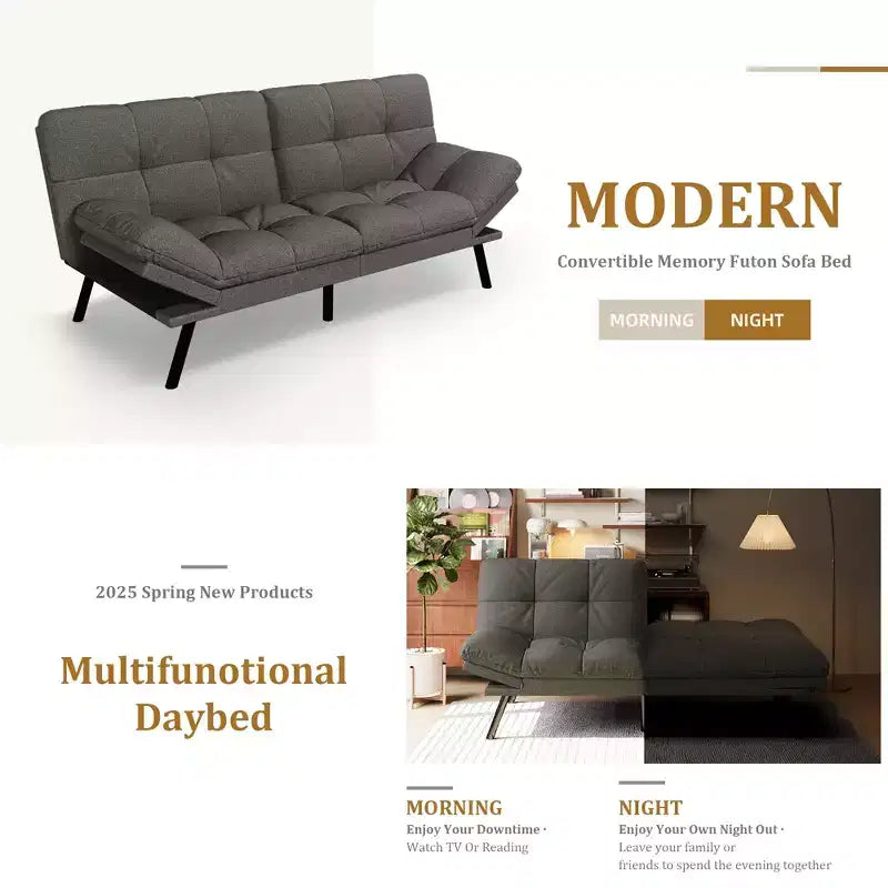 Dyonery 71 Convertible Futon Sofa Bed,Modern Memory Foam Futon Couch with Detachable Cushion,Adjustable Backrest & Armrest