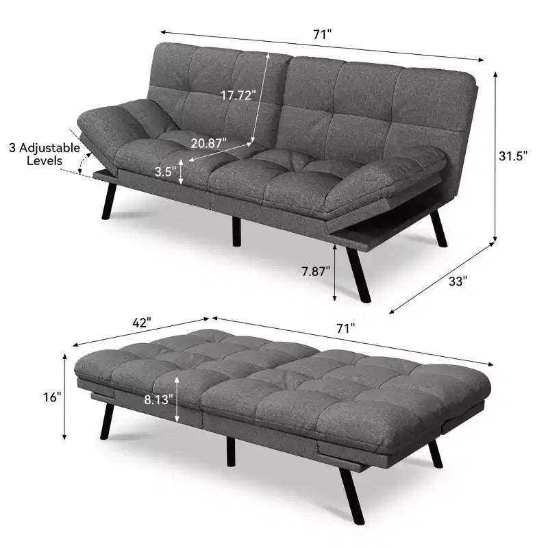 Dyonery 71 Convertible Futon Sofa Bed,Modern Memory Foam Futon Couch with Detachable Cushion,Adjustable Backrest & Armrest