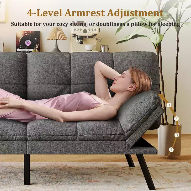 Dyonery 71 Convertible Futon Sofa Bed,Modern Memory Foam Futon Couch with Detachable Cushion,Adjustable Backrest & Armrest