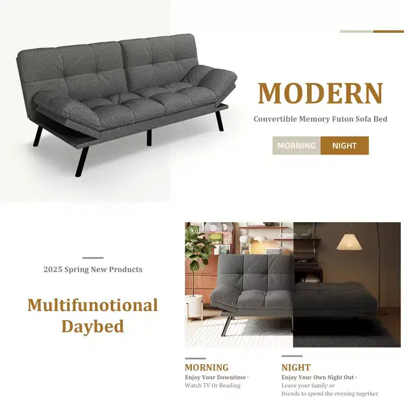 Dyonery 71 Convertible Futon Sofa Bed,Modern Memory Foam Futon Couch with Detachable Cushion,Adjustable Backrest & Armrest