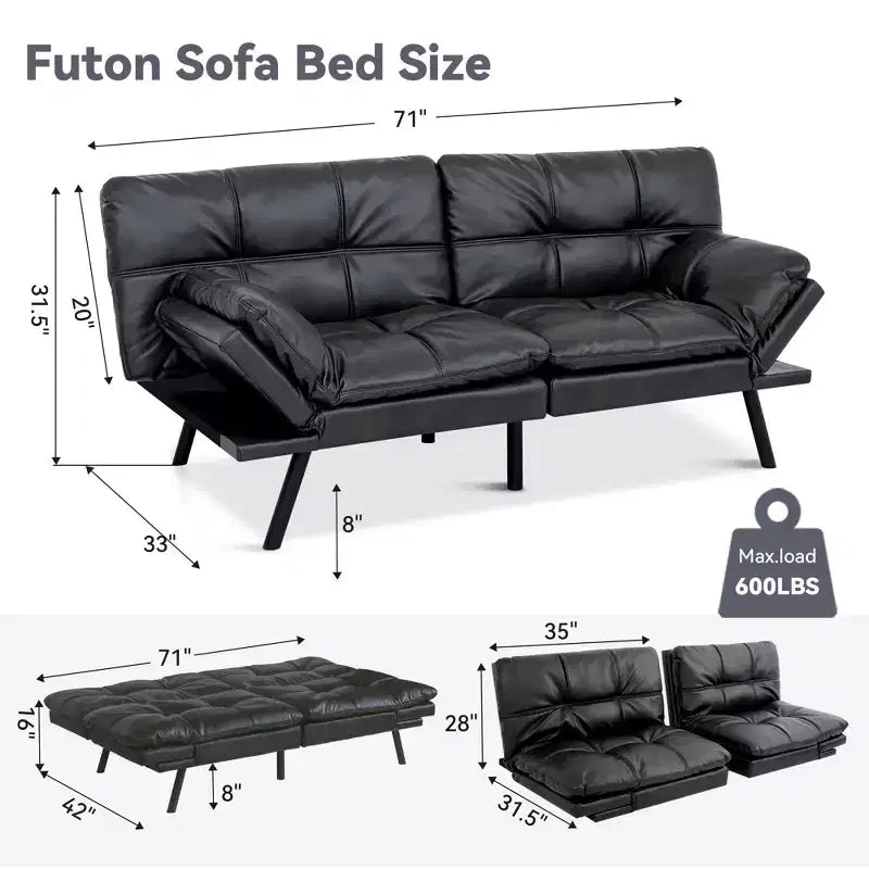 Dyonery 71 Convertible Futon Sofa Bed,Modern Memory Foam Futon Couch with Detachable Cushion,Adjustable Backrest & Armrest