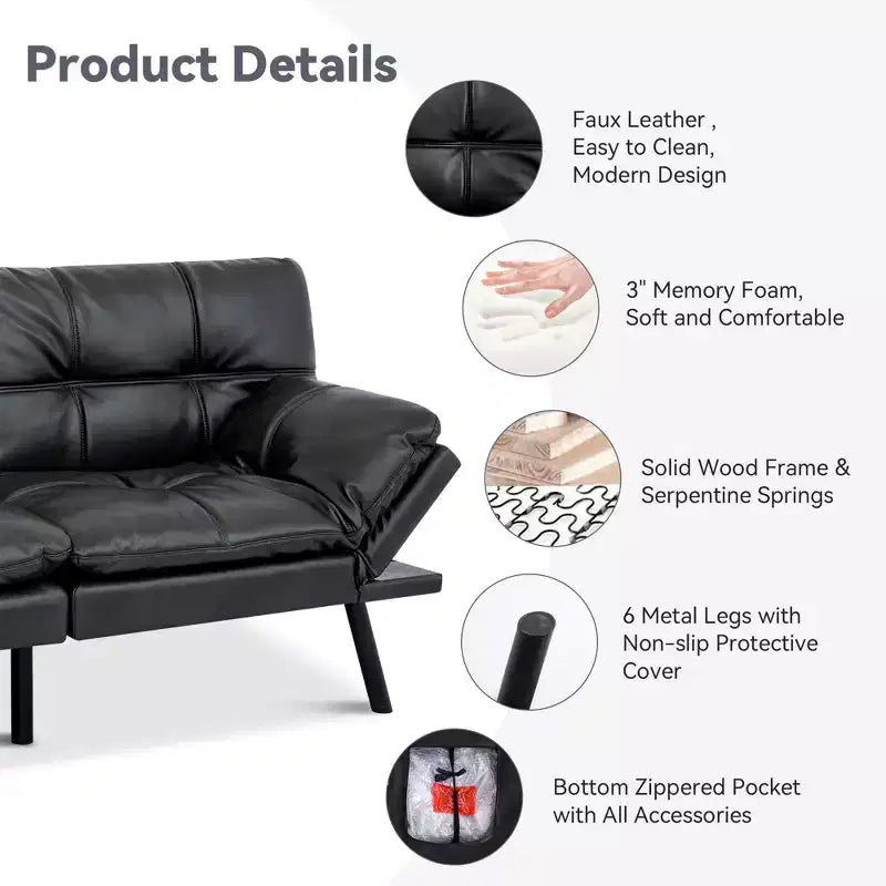 Dyonery 71 Convertible Futon Sofa Bed,Modern Memory Foam Futon Couch with Detachable Cushion,Adjustable Backrest & Armrest