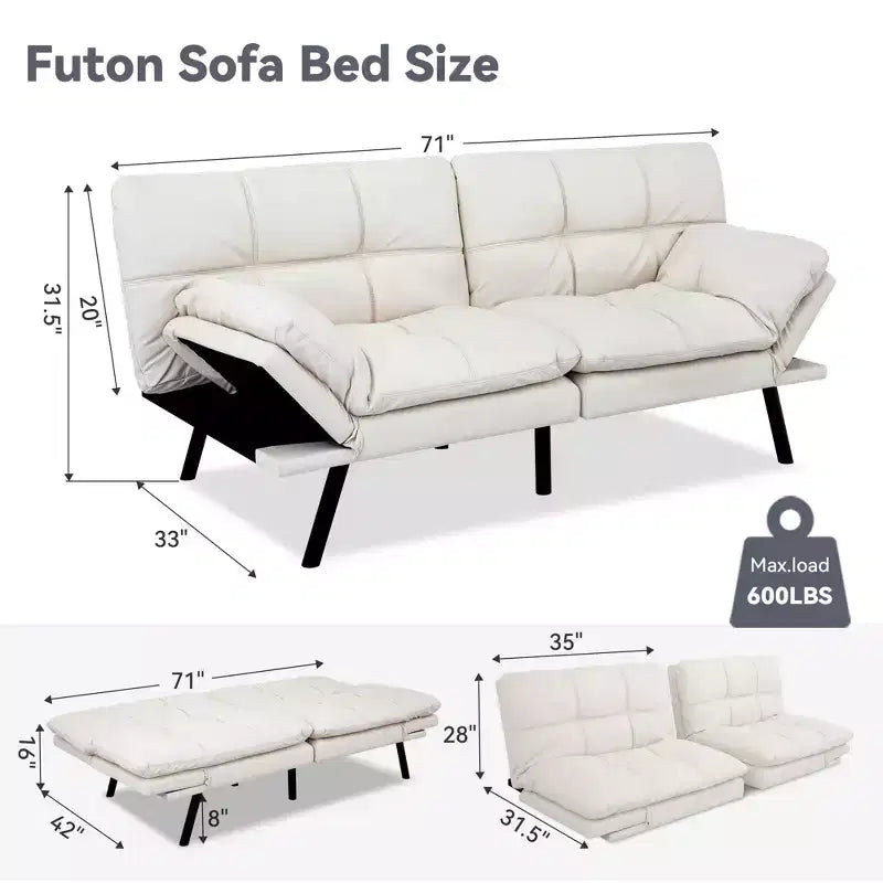 Dyonery 71 Convertible Futon Sofa Bed,Modern Memory Foam Futon Couch with Detachable Cushion,Adjustable Backrest & Armrest