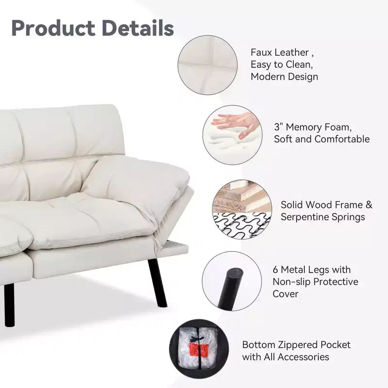 Dyonery 71 Convertible Futon Sofa Bed,Modern Memory Foam Futon Couch with Detachable Cushion,Adjustable Backrest & Armrest