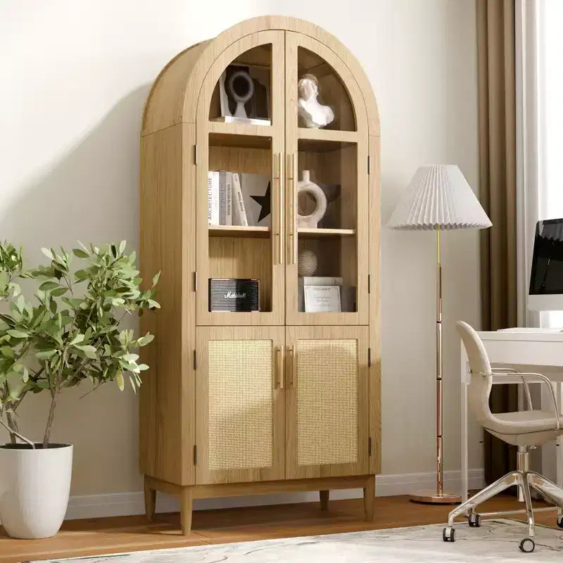MAYEERTY 71 Tall Arched Storage Cabinets Modern Kitchen Cabinet with Glass Door Solid Wood Legs Shelves for Living Room Natural