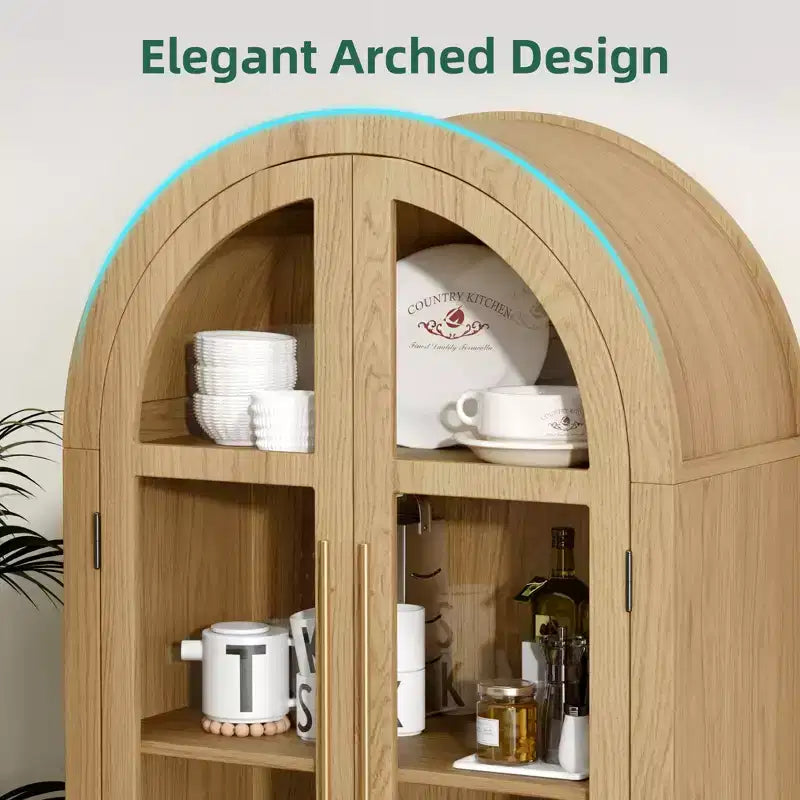 MAYEERTY 71 Tall Arched Storage Cabinets Modern Kitchen Cabinet with Glass Door Solid Wood Legs Shelves for Living Room Natural