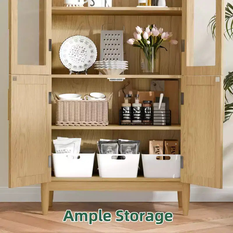 MAYEERTY 71 Tall Arched Storage Cabinets Modern Kitchen Cabinet with Glass Door Solid Wood Legs Shelves for Living Room Natural