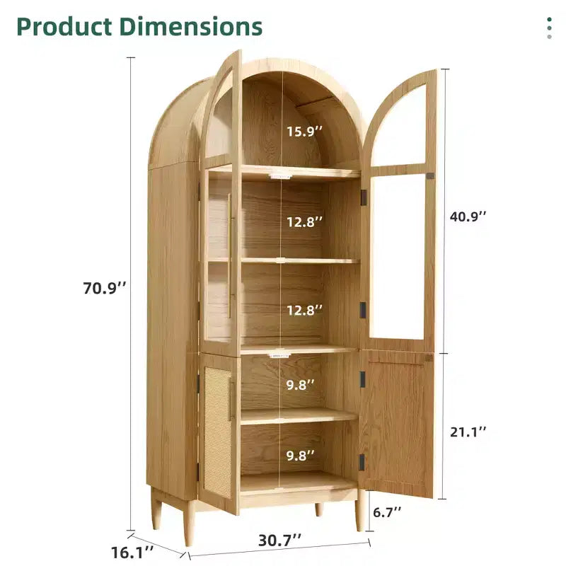 MAYEERTY 71 Tall Arched Storage Cabinets Modern Kitchen Cabinet with Glass Door Solid Wood Legs Shelves for Living Room Natural