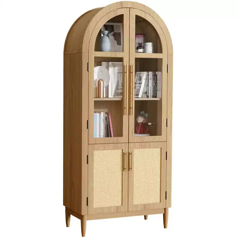 MAYEERTY 71 Tall Arched Storage Cabinets Modern Kitchen Cabinet with Glass Door Solid Wood Legs Shelves for Living Room Natural