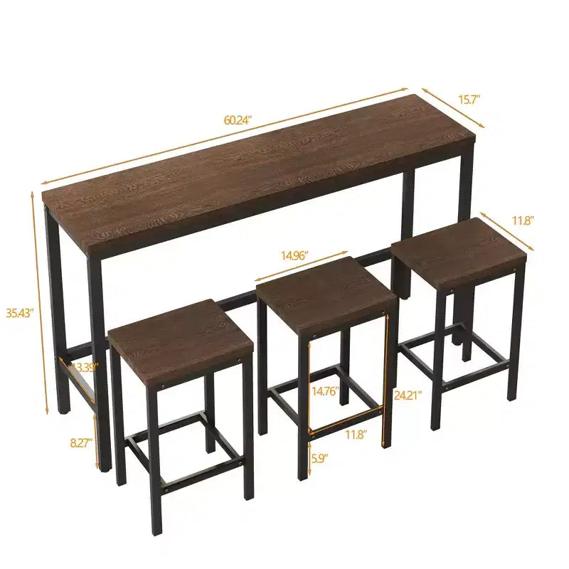 Okak 4-Piece Industrial Bar Dining Table Set & Bar Stools for Kitchen,Dining Room,Metal & Wood Dinette Set for Breakfast