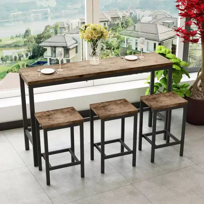 Okak 4-Piece Industrial Bar Dining Table Set & Bar Stools for Kitchen,Dining Room,Metal & Wood Dinette Set for Breakfast