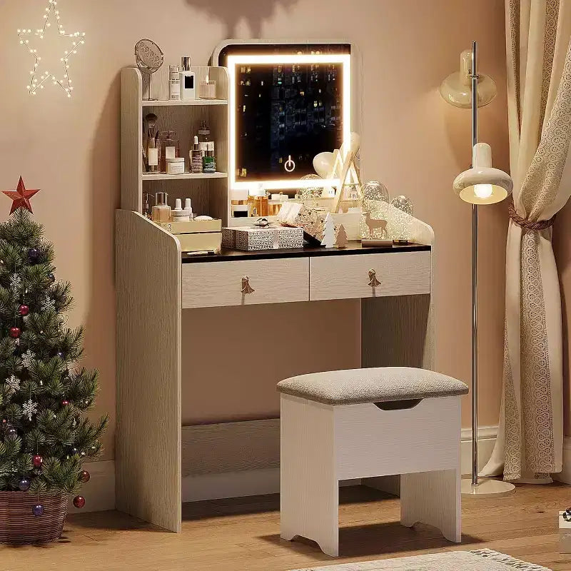Makeup Vanity Set with Mirror, Small Makeup Desk with Upholstered Storage Stool, Dressing Table with 2 Large Drawers and 3-Tier Open Shelves for Home