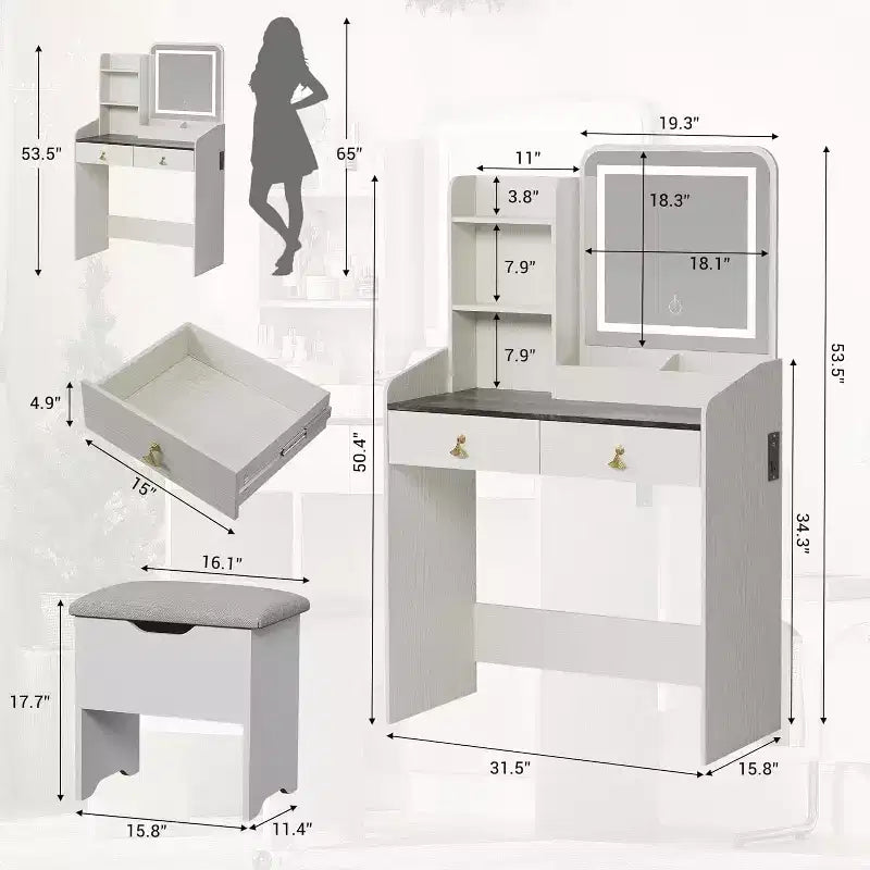 Makeup Vanity Set with Mirror, Small Makeup Desk with Upholstered Storage Stool, Dressing Table with 2 Large Drawers and 3-Tier Open Shelves for Home