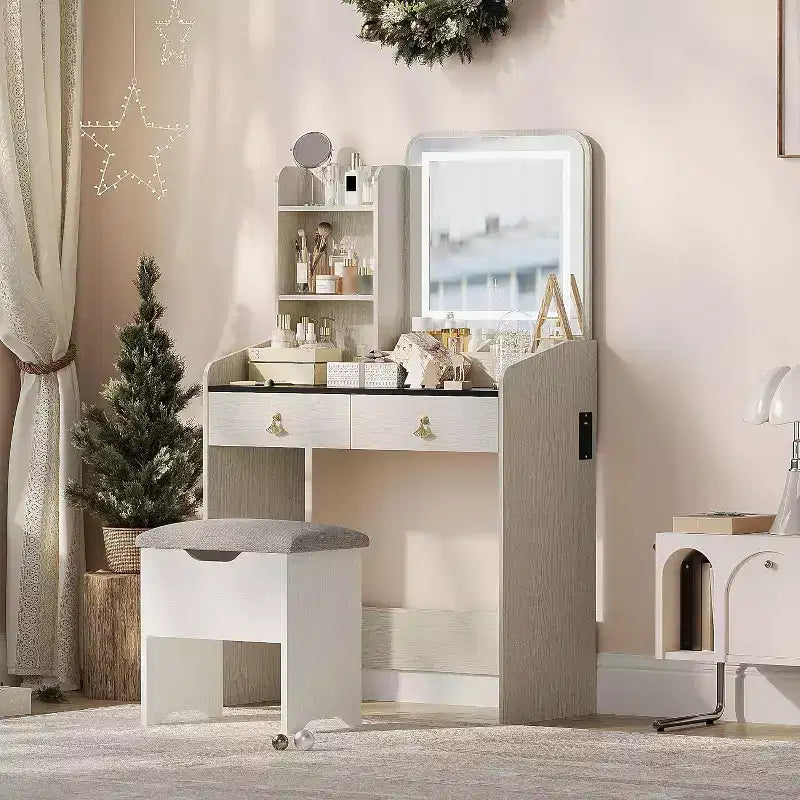 Makeup Vanity Set with Mirror, Small Makeup Desk with Upholstered Storage Stool, Dressing Table with 2 Large Drawers and 3-Tier Open Shelves for Home
