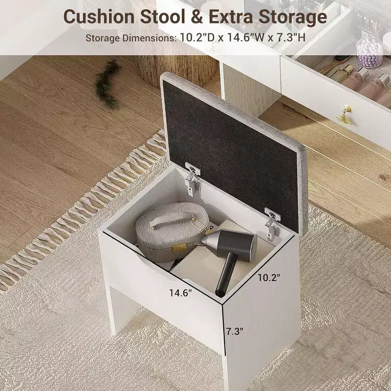 Makeup Vanity Set with Mirror, Small Makeup Desk with Upholstered Storage Stool, Dressing Table with 2 Large Drawers and 3-Tier Open Shelves for Home