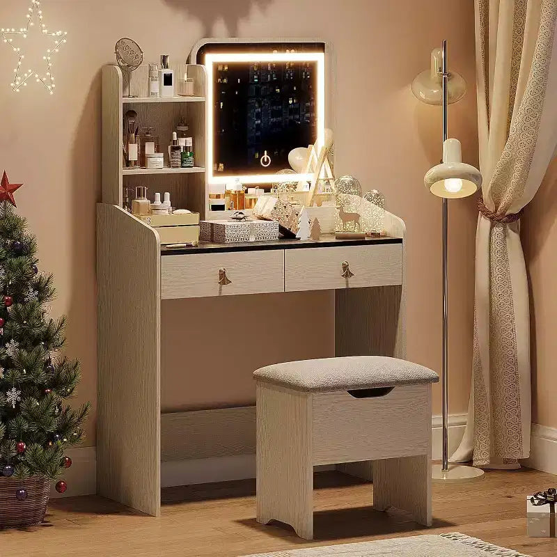 Makeup Vanity Set with Mirror, Small Makeup Desk with Upholstered Storage Stool, Dressing Table with 2 Large Drawers and 3-Tier Open Shelves for Home