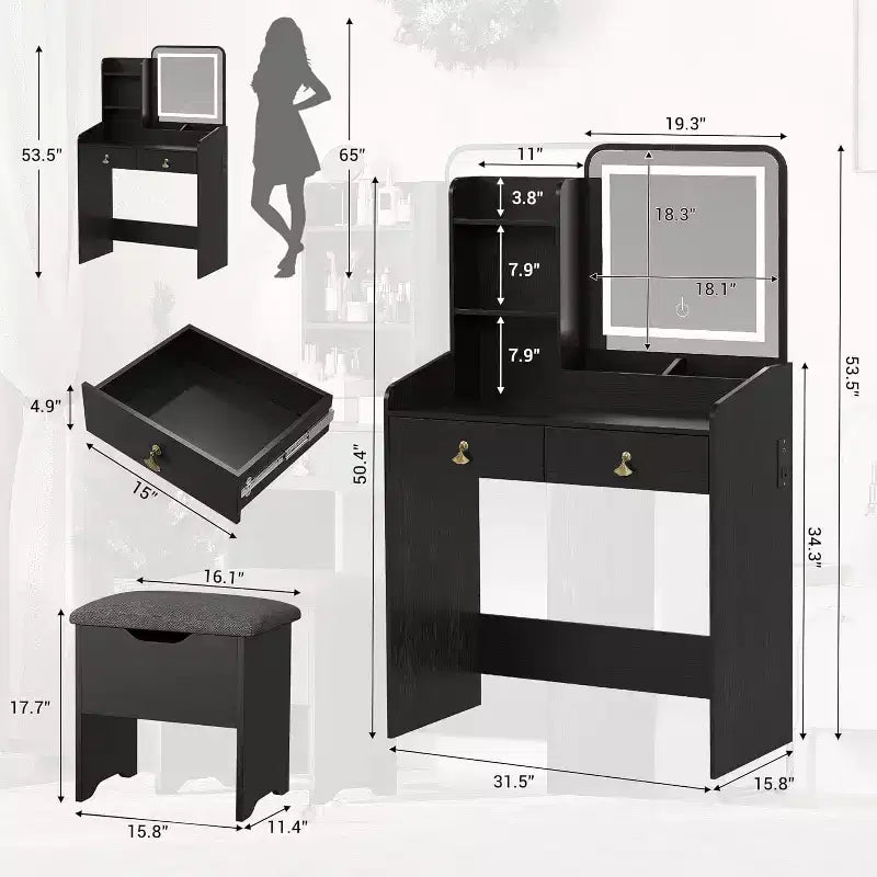 Makeup Vanity Set with Mirror, Small Makeup Desk with Upholstered Storage Stool, Dressing Table with 2 Large Drawers and 3-Tier Open Shelves for Home