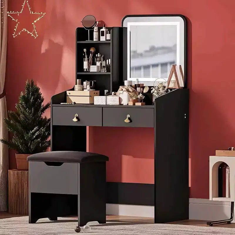 Makeup Vanity Set with Mirror, Small Makeup Desk with Upholstered Storage Stool, Dressing Table with 2 Large Drawers and 3-Tier Open Shelves for Home
