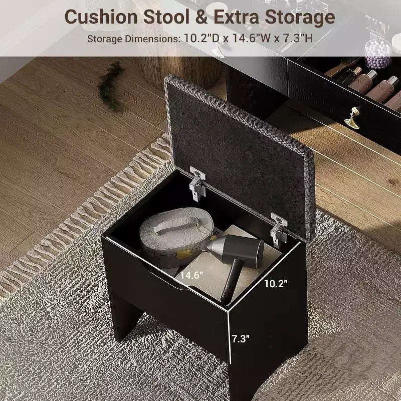 Makeup Vanity Set with Mirror, Small Makeup Desk with Upholstered Storage Stool, Dressing Table with 2 Large Drawers and 3-Tier Open Shelves for Home
