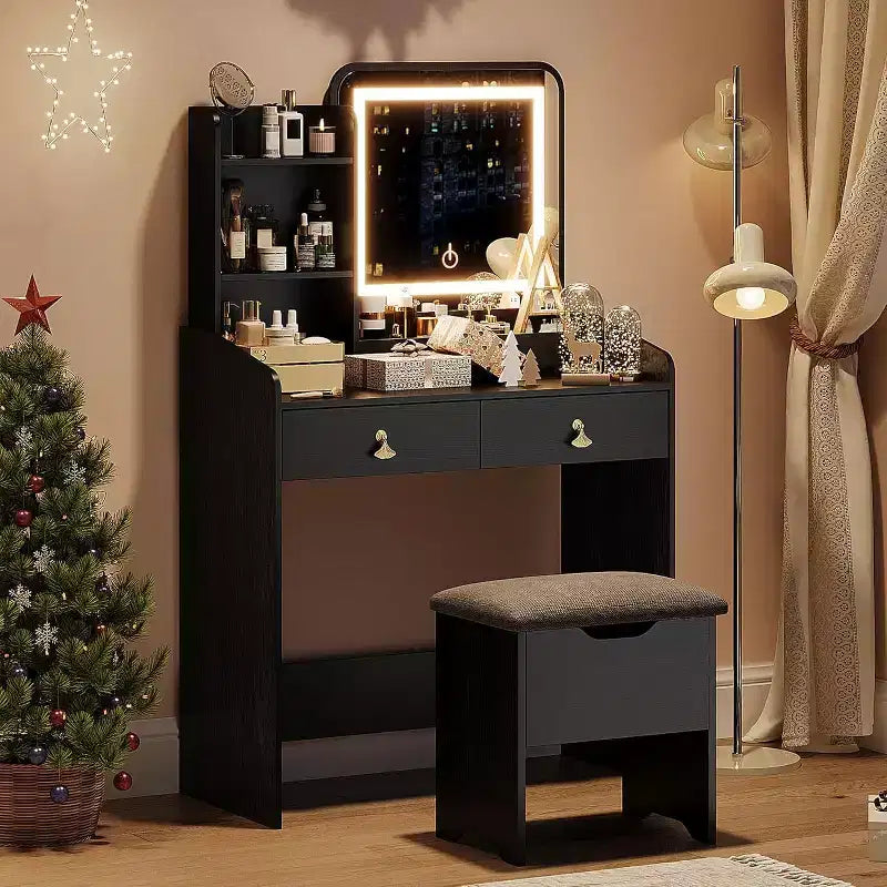 Makeup Vanity Set with Mirror, Small Makeup Desk with Upholstered Storage Stool, Dressing Table with 2 Large Drawers and 3-Tier Open Shelves for Home