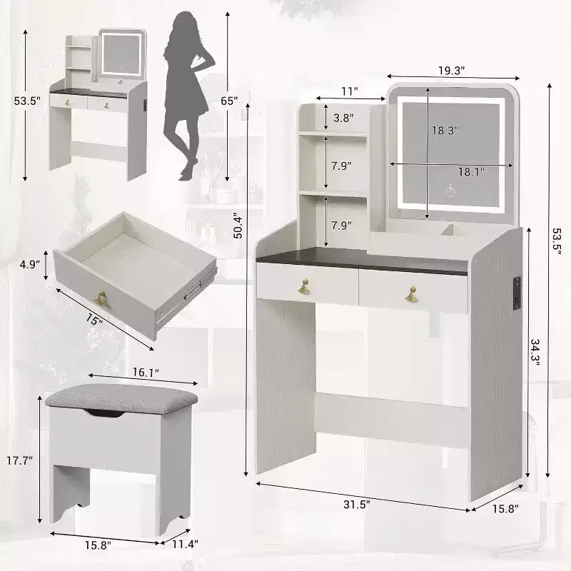 Makeup Vanity Set with Mirror, Small Makeup Desk with Upholstered Storage Stool, Dressing Table with 2 Large Drawers and 3-Tier Open Shelves for Home
