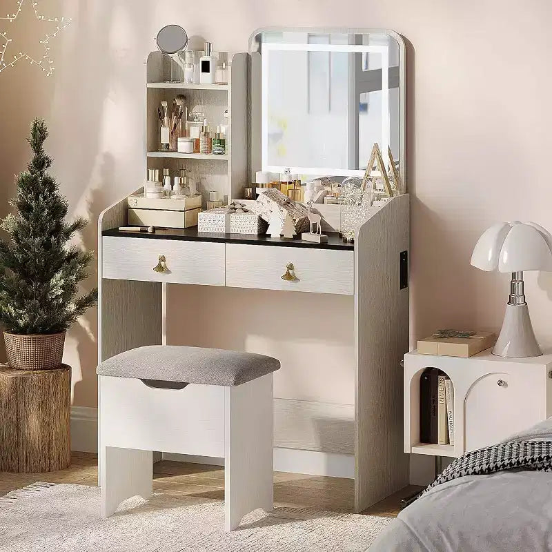 Makeup Vanity Set with Mirror, Small Makeup Desk with Upholstered Storage Stool, Dressing Table with 2 Large Drawers and 3-Tier Open Shelves for Home