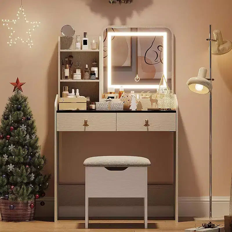 Makeup Vanity Set with Mirror, Small Makeup Desk with Upholstered Storage Stool, Dressing Table with 2 Large Drawers and 3-Tier Open Shelves for Home
