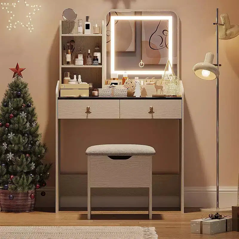 Makeup Vanity Set with Mirror, Small Makeup Desk with Upholstered Storage Stool, Dressing Table with 2 Large Drawers and 3-Tier Open Shelves for Home