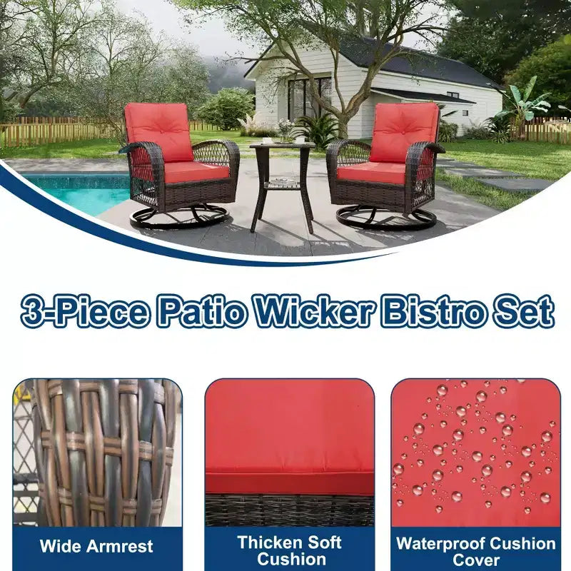 3-Piece Swivel Rocking Patio Chairs Set, Wicker Patio Bistro Set, 2 Glider Chairs & Side Table, Thickened Cushions, for Porch, Backyard, Garden