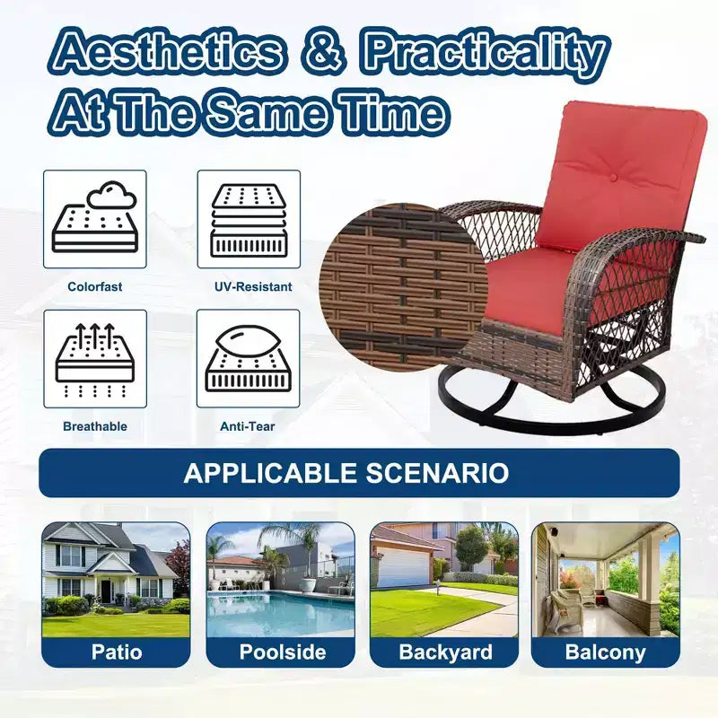 3-Piece Swivel Rocking Patio Chairs Set, Wicker Patio Bistro Set, 2 Glider Chairs & Side Table, Thickened Cushions, for Porch, Backyard, Garden