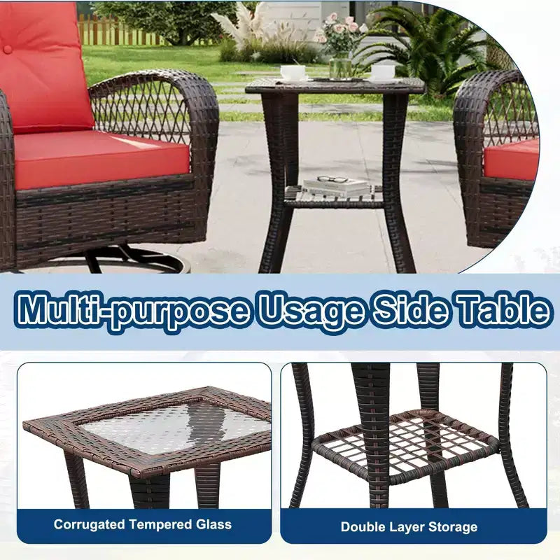 3-Piece Swivel Rocking Patio Chairs Set, Wicker Patio Bistro Set, 2 Glider Chairs & Side Table, Thickened Cushions, for Porch, Backyard, Garden