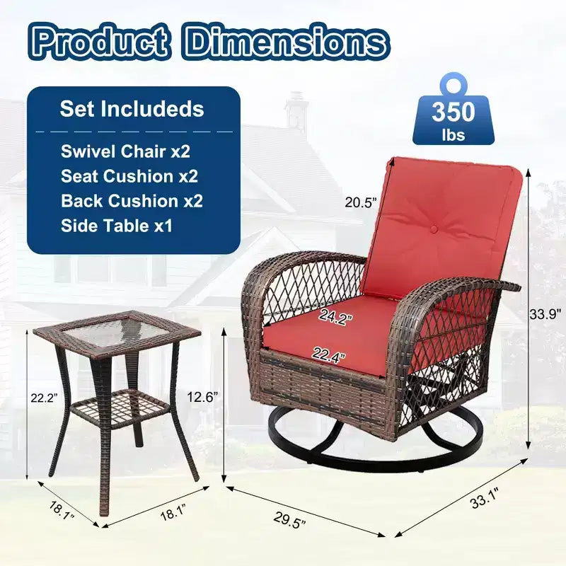 3-Piece Swivel Rocking Patio Chairs Set, Wicker Patio Bistro Set, 2 Glider Chairs & Side Table, Thickened Cushions, for Porch, Backyard, Garden