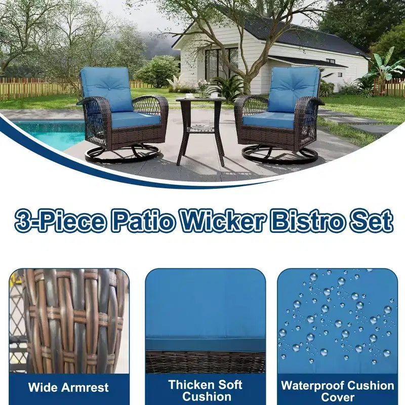 3-Piece Swivel Rocking Patio Chairs Set, Wicker Patio Bistro Set, 2 Glider Chairs & Side Table, Thickened Cushions, for Porch, Backyard, Garden