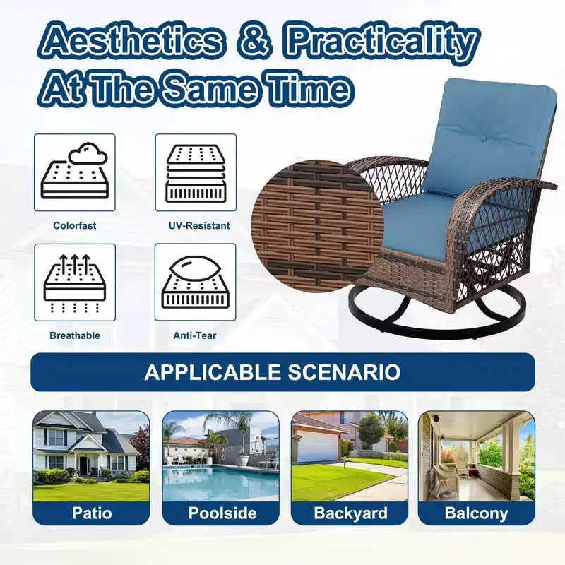 3-Piece Swivel Rocking Patio Chairs Set, Wicker Patio Bistro Set, 2 Glider Chairs & Side Table, Thickened Cushions, for Porch, Backyard, Garden