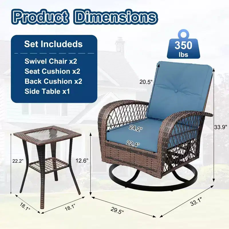 3-Piece Swivel Rocking Patio Chairs Set, Wicker Patio Bistro Set, 2 Glider Chairs & Side Table, Thickened Cushions, for Porch, Backyard, Garden