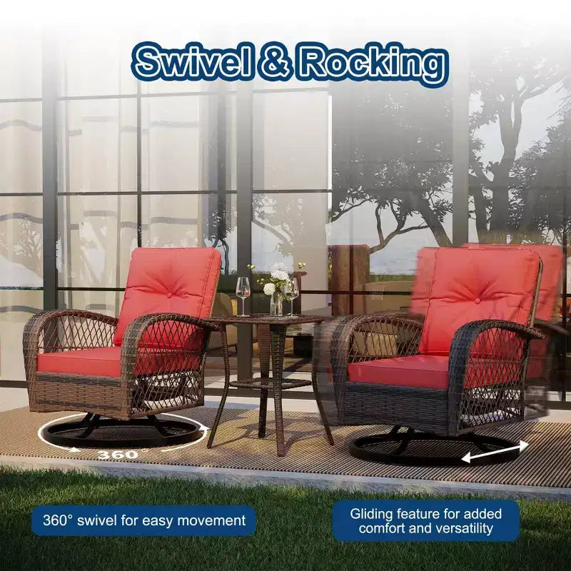 3-Piece Swivel Rocking Patio Chairs Set, Wicker Patio Bistro Set, 2 Glider Chairs & Side Table, Thickened Cushions, for Porch, Backyard, Garden