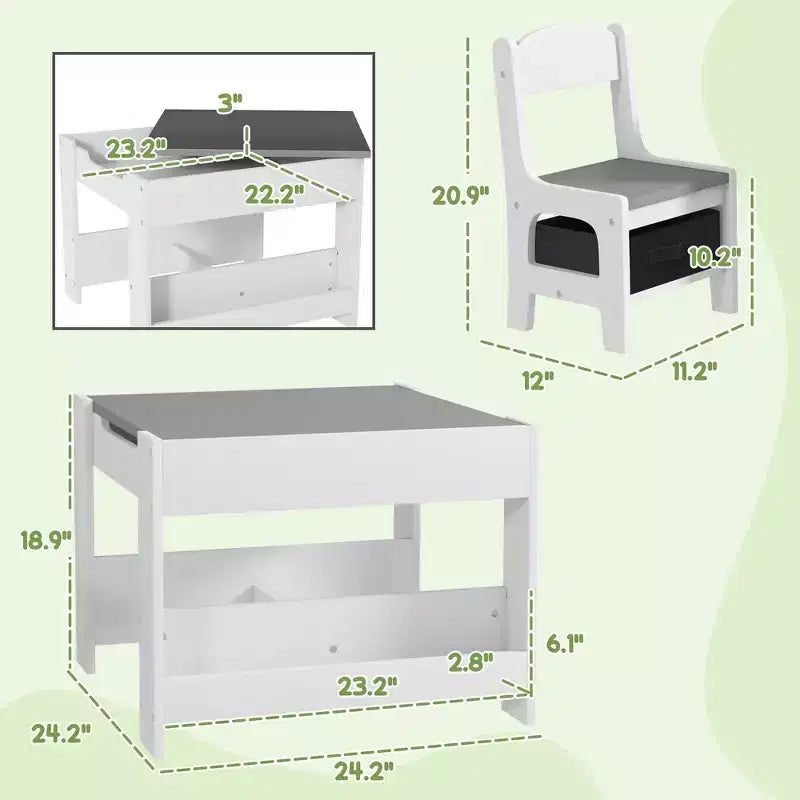 Whisen 3 Piece Kids Table and Chair Set with Tabletop Blackboard, Storage & Bookshelves, Perfect Gift for Kids
