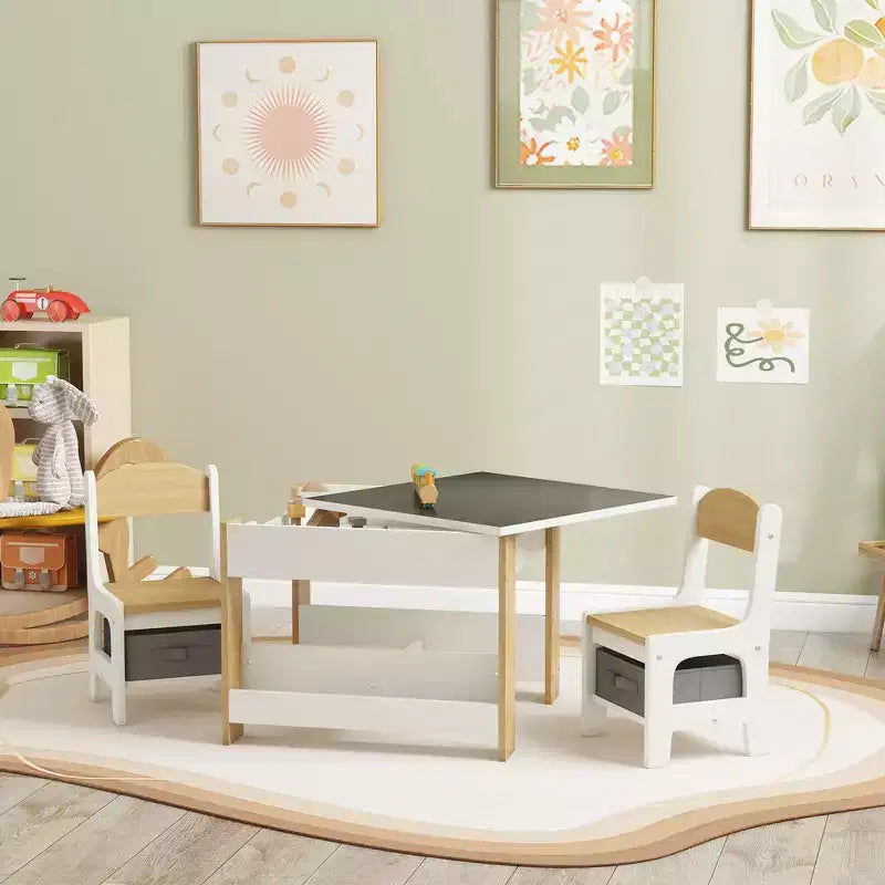Whisen 3 Piece Kids Table and Chair Set with Tabletop Blackboard, Storage & Bookshelves, Perfect Gift for Kids