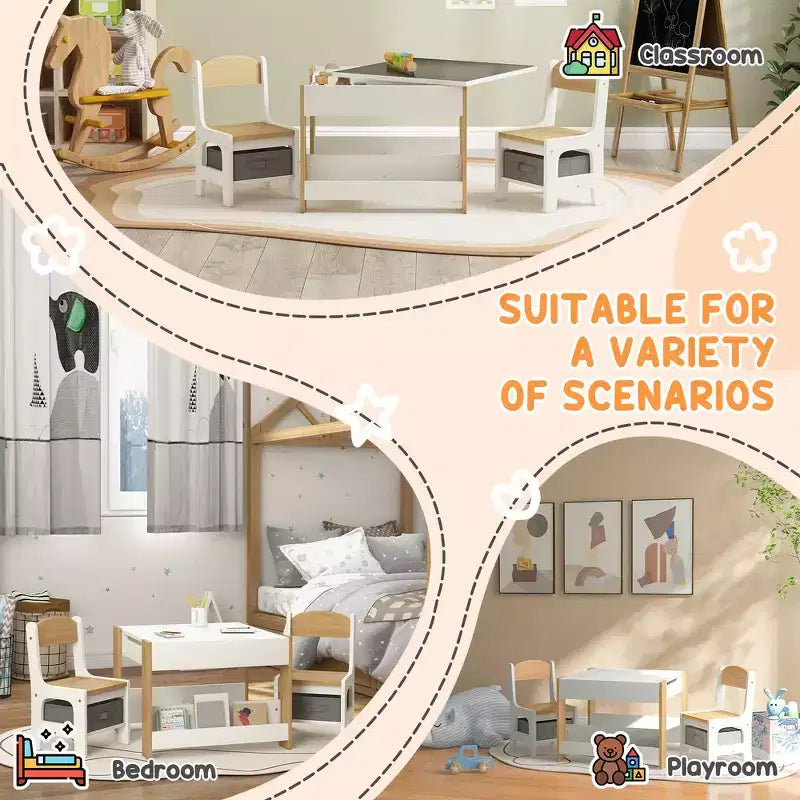 Whisen 3 Piece Kids Table and Chair Set with Tabletop Blackboard, Storage & Bookshelves, Perfect Gift for Kids