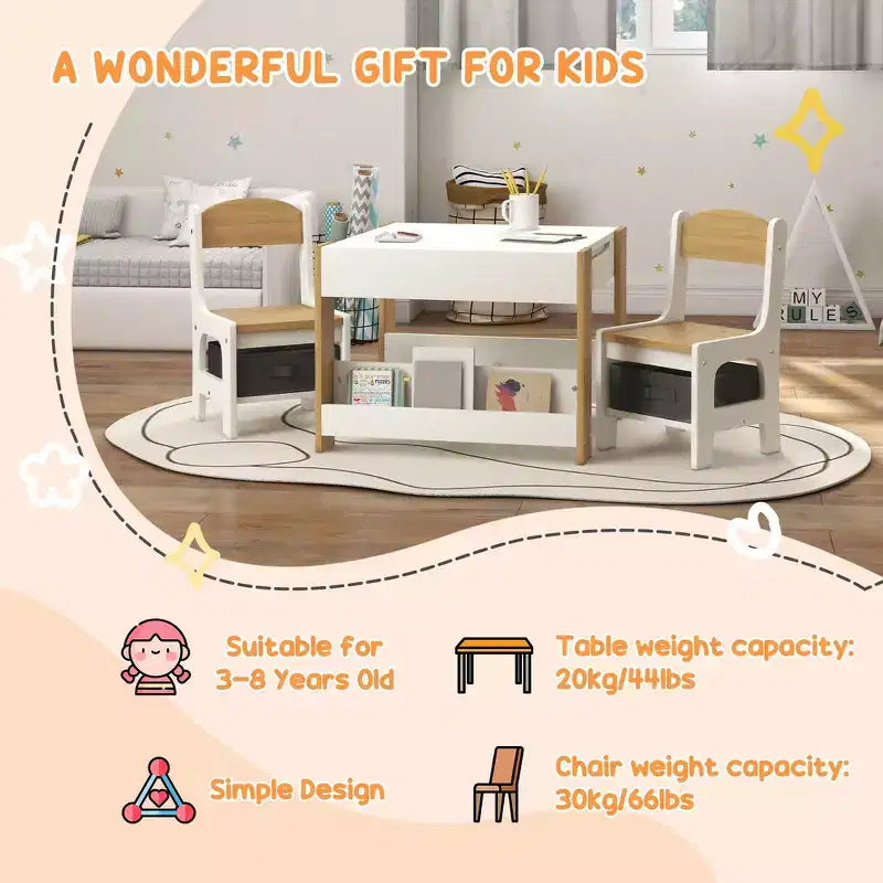 Whisen 3 Piece Kids Table and Chair Set with Tabletop Blackboard, Storage & Bookshelves, Perfect Gift for Kids