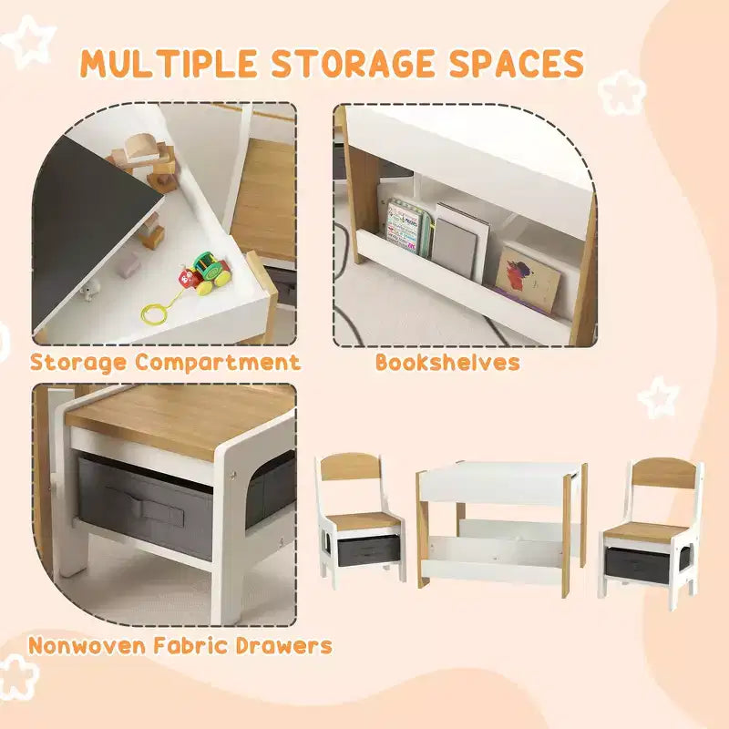 Whisen 3 Piece Kids Table and Chair Set with Tabletop Blackboard, Storage & Bookshelves, Perfect Gift for Kids