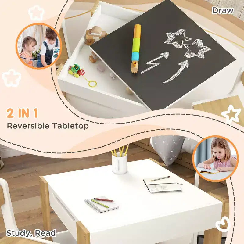 Whisen 3 Piece Kids Table and Chair Set with Tabletop Blackboard, Storage & Bookshelves, Perfect Gift for Kids