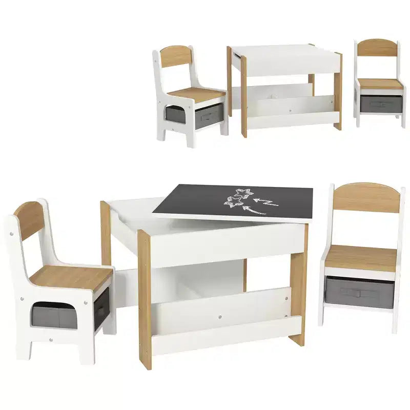 Whisen 3 Piece Kids Table and Chair Set with Tabletop Blackboard, Storage & Bookshelves, Perfect Gift for Kids